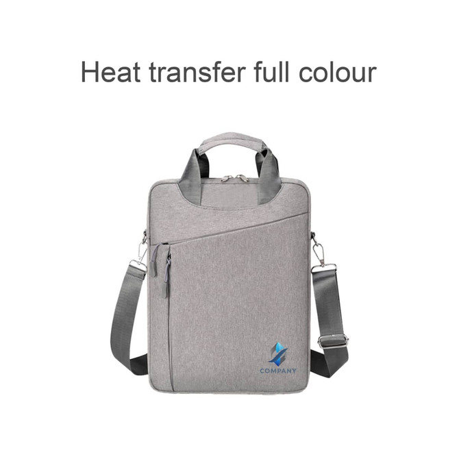 A grey laptop bag with a shoulder strap and a front zip pocket, featuring a logo on the front.