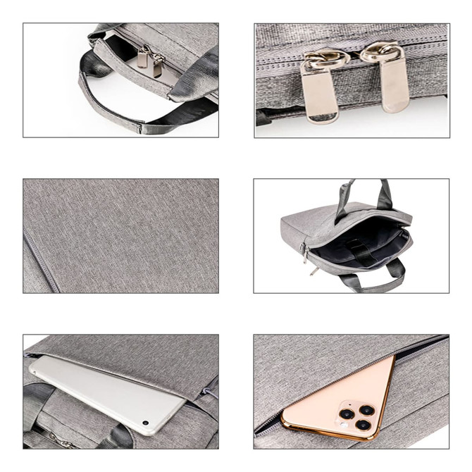 A grey Business Sling Laptop Bag with zippers, handles, and interior pockets for devices. Features a logo.