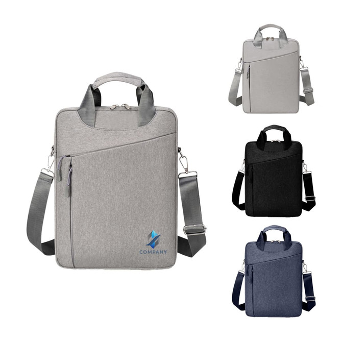 A collection of Business Sling Laptop Bags in grey, black, and navy blue with adjustable straps and logos.