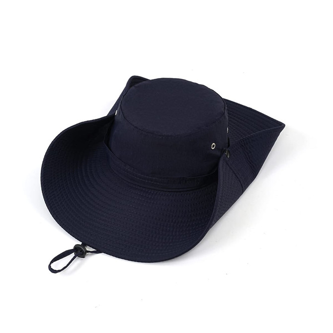 A wide brim sun hat in navy blue with a circular top and extended side brims, featuring ventilation holes and a logo.