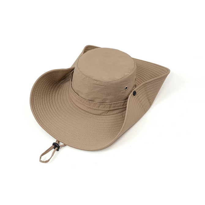A wide brim sun hat in khaki with a dome crown and adjustable strap. It features a large, flat brim for sun protection.