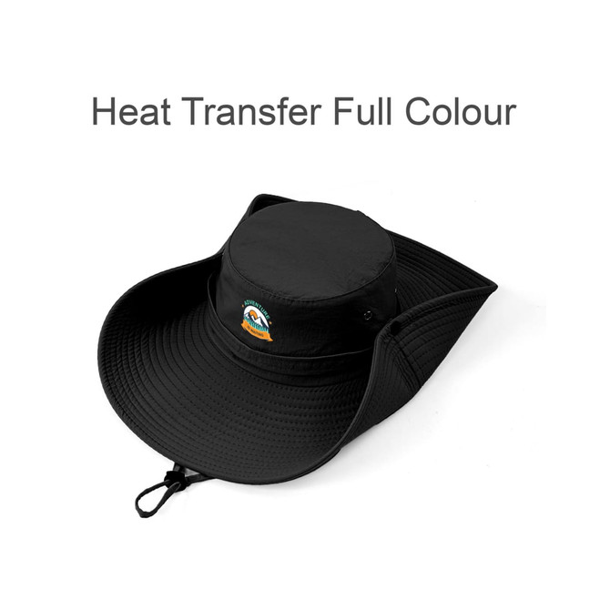 A wide brim sun hat in black, featuring a logo and a snug fit for sun protection.