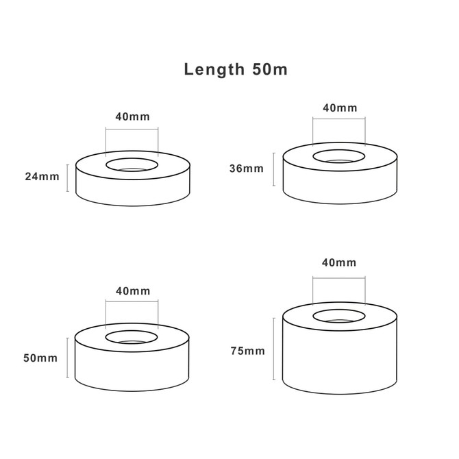 A diagram featuring four rolls of water activated gummed kraft paper tape in different sizes, all cylindrical in shape.