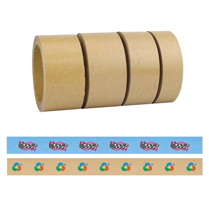 Self-adhesive kraft paper tape in beige, with multiple rolls displayed and featuring branded designs along the edge.