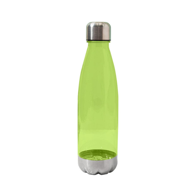 A drink bottle in translucent lime green with a stainless steel base and cap, featuring a logo.
