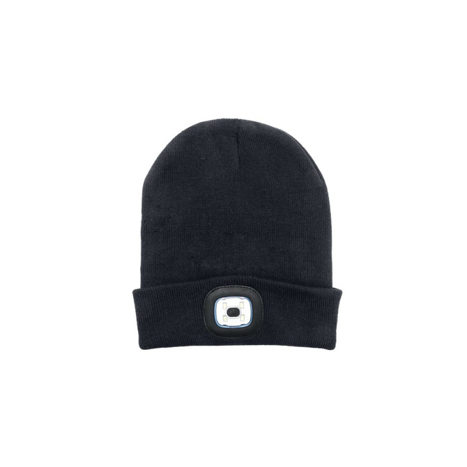 A black beanie featuring a built-in headlamp, showcasing a sleek design and a logo on the front.