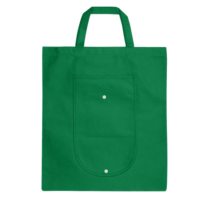 A green foldable non-woven shopping bag with an exterior pocket and two handle straps. Features a logo.
