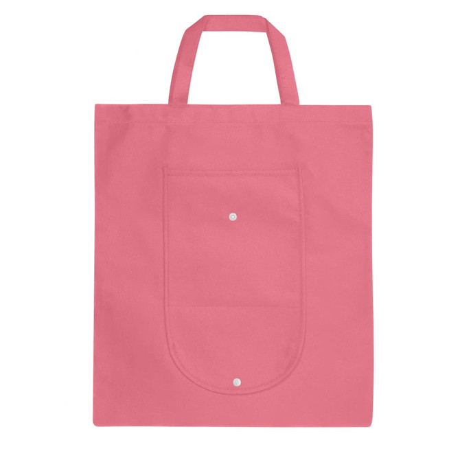 A pink foldable non-woven shopping bag with a front pocket and two handles. It features a small logo.