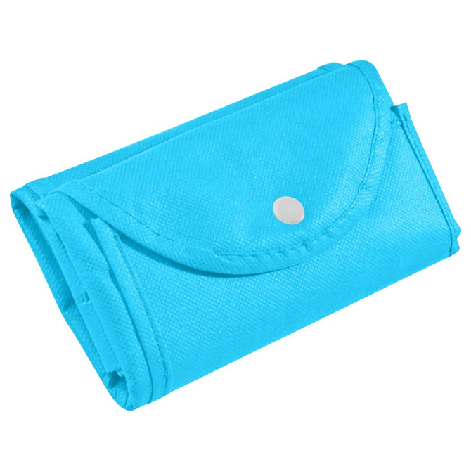 A foldable non-woven shopping bag in bright blue, secured with a snap button, compactly folded.