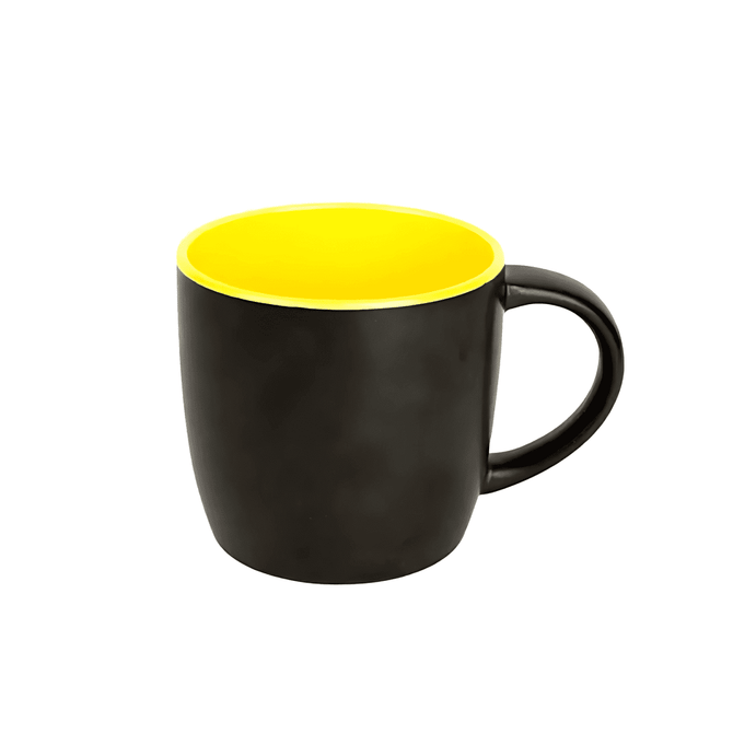 A coffee mug with a matte black exterior and a bright yellow interior. Features a handle and a branding logo.
