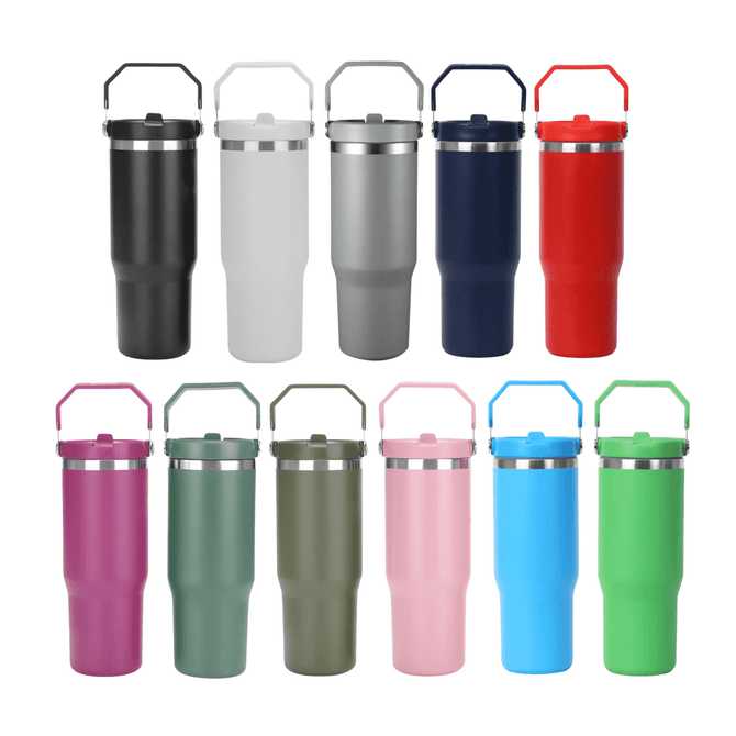 A drink bottle collection featuring various 900ml vacuum tumblers in black, white, navy, red, pink, green, and blue, with handles.