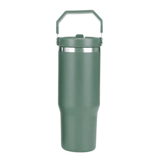 A drink bottle with a green exterior, stainless steel rim, and a handle for easy carrying.