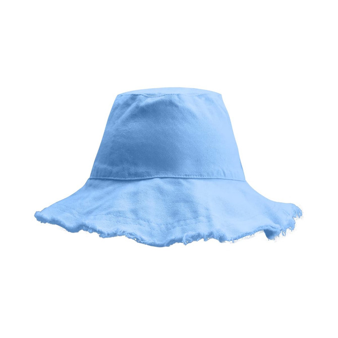A light blue bucket hat with a raw edge design. It features a simple, unbranded appearance.