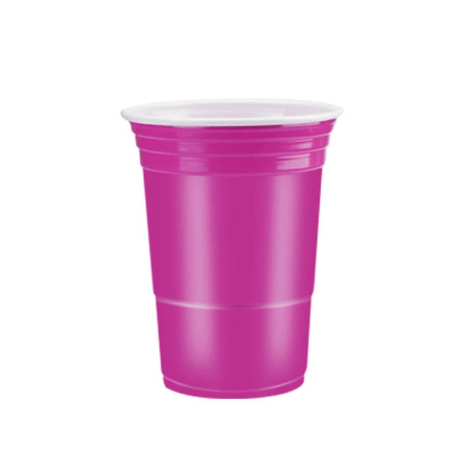 A pink party cup with a white lid, featuring a stacked design typical of disposable drinkware.