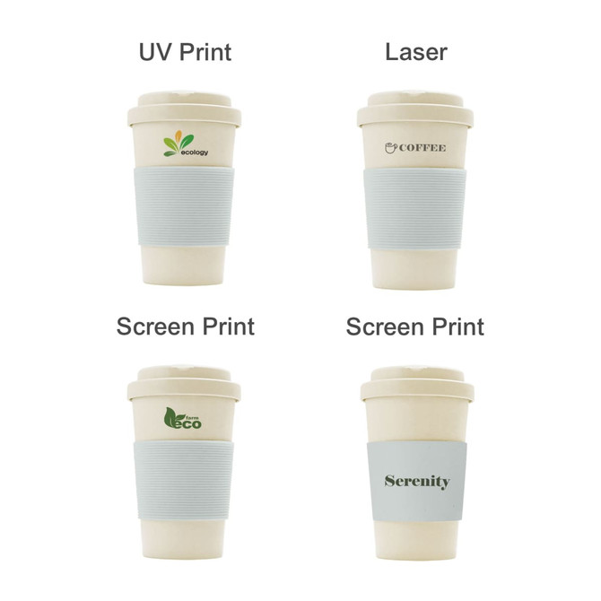 A 400ML bamboo fibre coffee cup in cream with a silicone sleeve, featuring various printed logos.