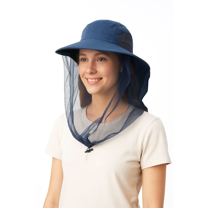 A navy blue hat with a mesh face shield, designed for protection against mosquitoes.