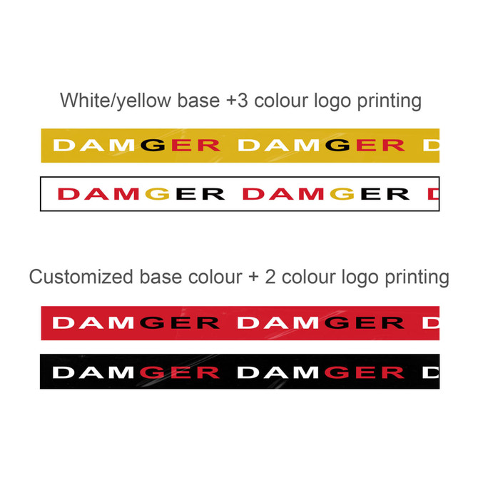 A roll of barrier tape featuring a white and yellow base with multi-colour printing, and another section in red and black.