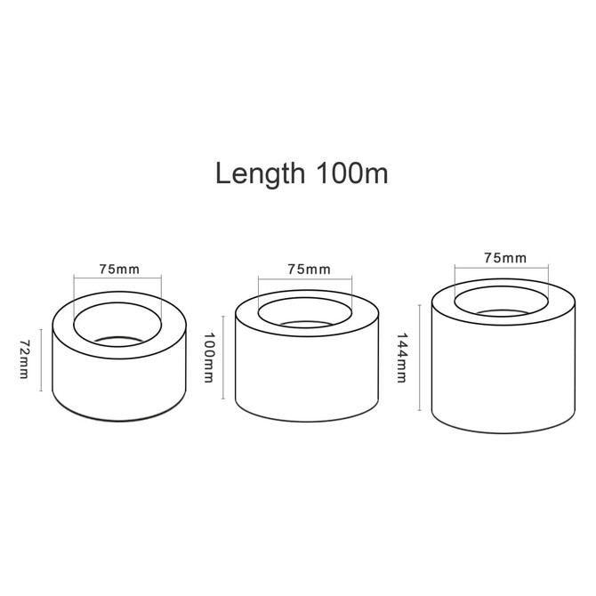A roll of PE barrier tape in white, featuring three dimensions: 75mm width, varying heights, and a length of 100m.