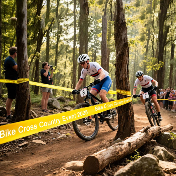 Two cyclists riding through a forested trail, passing under bright yellow PE barrier tape. Spectators watch in the background.
