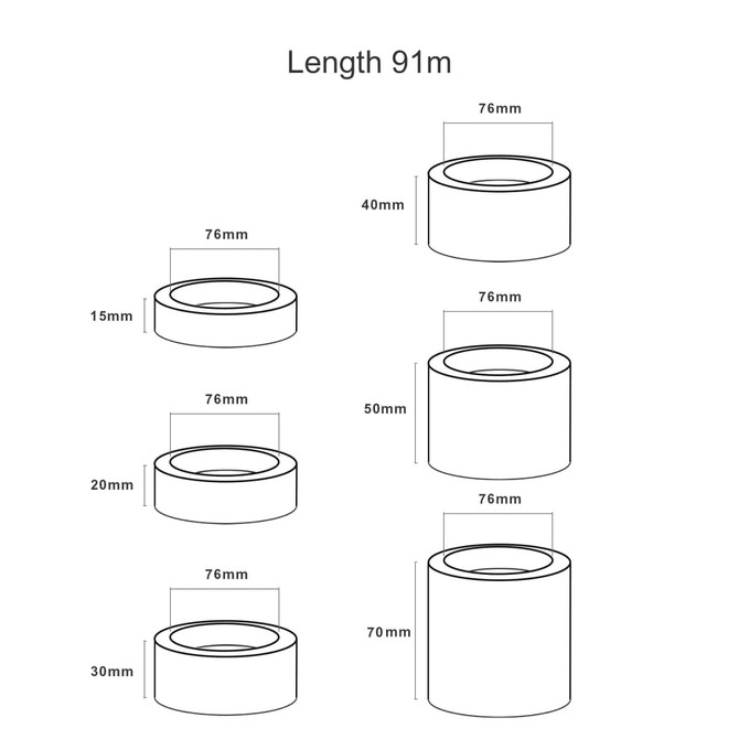 A set of illustrations displaying various sizes of white BOPP packaging tape rolls, with measurements indicated.