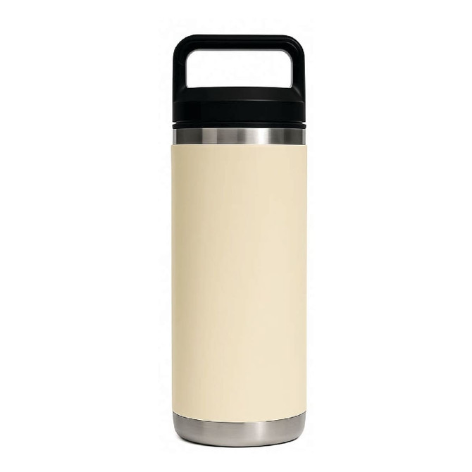 A drink bottle featuring a cream body, stainless steel base, and a black Tritan lid, with a logo displayed.