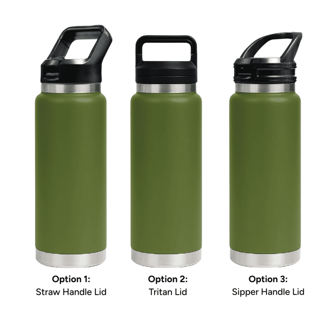 A drink bottle in olive green, featuring three lid options: Straw Handle, Tritan, and Sipper Handle.