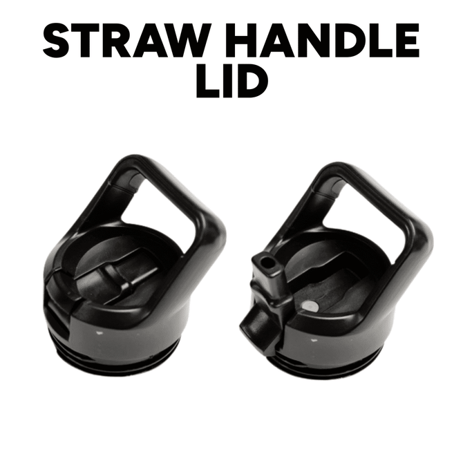 A drink bottle with two black straw handle lids positioned side by side, showcasing different designs.