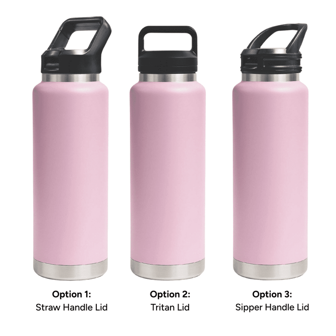 A drink bottle in pink featuring three lid options: straw handle, Tritan, and sipper handle. Each has a stainless steel base.