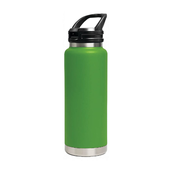 A drink bottle in bright green with a stainless steel base and a black sipper handle lid. Features a branding logo.