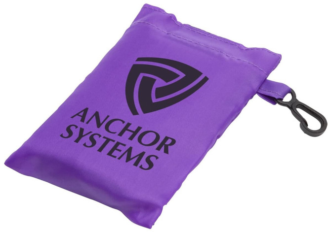 A purple pouch with a clip, featuring a logo on the front. Ideal for compact storage and portability.