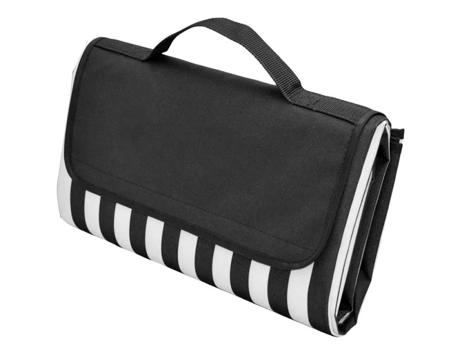 A black and white striped picnic rug with a handle, designed for outdoor leisure activities.
