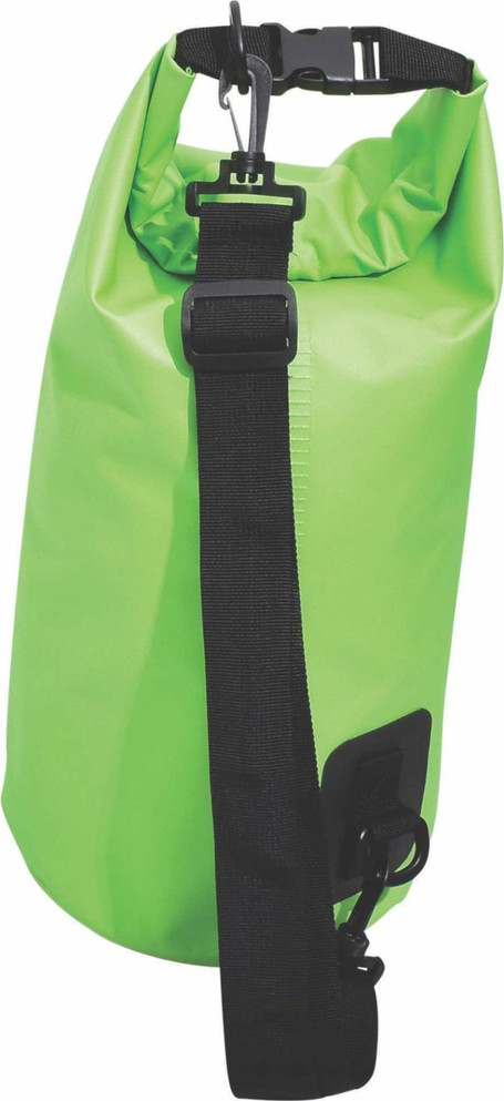 A bright green 20-litre dry bag with a black shoulder strap and a secure buckle closure. It features a logo on the side.