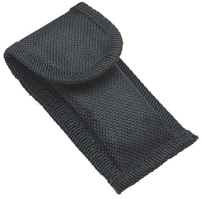 A black fabric pouch with a flap closure, featuring a textured finish and a sewn-in design.