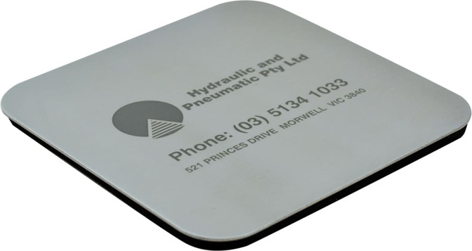 A square coaster with a silver metallic surface and a black underside, featuring a logo and contact information.