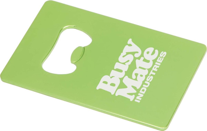 A green, rectangular bottle opener with a cut-out for opening caps and a logo on the surface.
