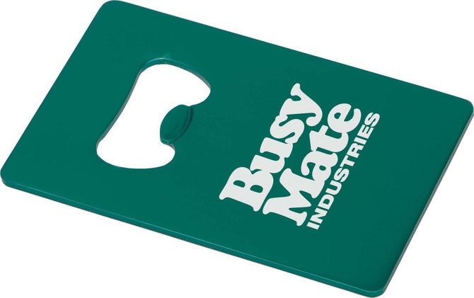 A drink bottle opener in teal, featuring a cutout and branding on one side.
