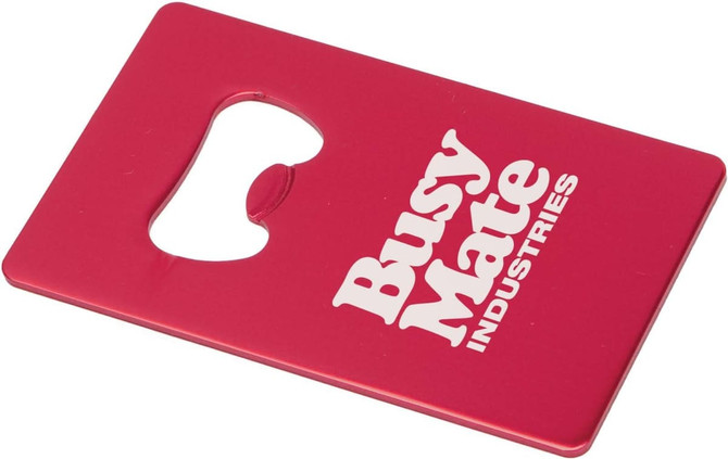 A drink bottle opener with a red metallic finish, featuring a logo in white.