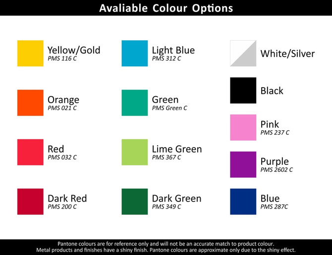 A selection of colour options for a promotional product, featuring yellow, orange, red, green, black, pink, and more.