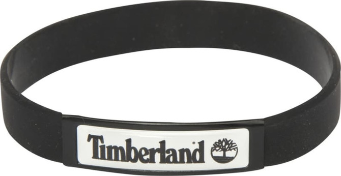 A black silicon wristband featuring a white logo and brand name in the centre.