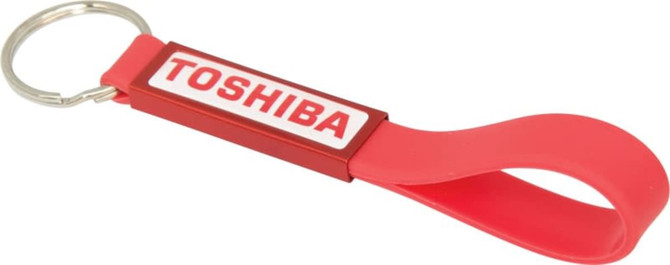 A red silicone sling keyring with a dome-indentation and a logo.