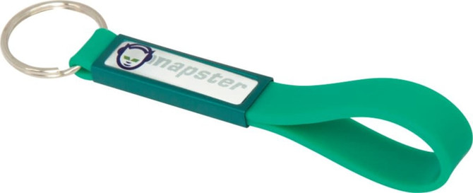 A turquoise silicone keyring with a dome-indent and a logo, featuring a metal keyring attachment.