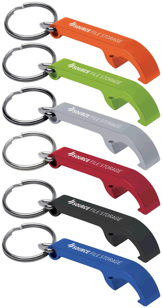 A drink bottle opener keyring in various colours: orange, green, silver, grey, red, black, and blue, with a logo.