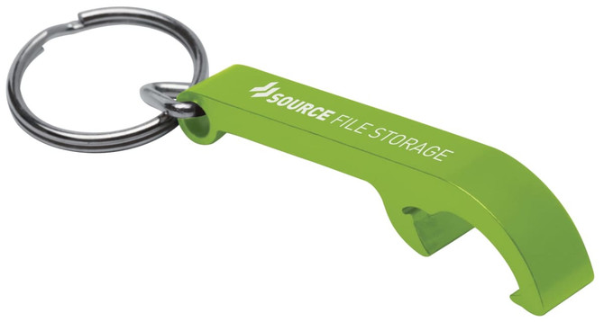 A green bottle opener keyring with a metallic finish, featuring a logo.