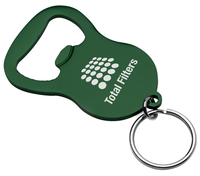 A green bottle opener keyring featuring a circular opening and a logo. It includes a metal ring for attachment.