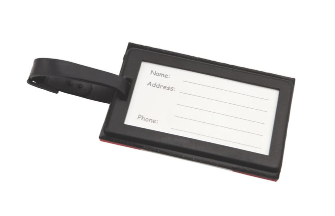 A black and red luggage tag with a clear window for personal information, including fields for name, address, and phone.