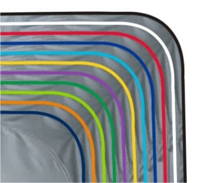 A sunshade featuring a grey surface with colourful, curved edges in blue, orange, purple, green, and white.