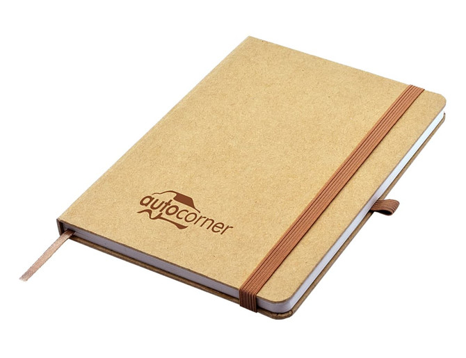 A tan A5 notebook with an elastic band closure and a logo on the cover. The notebook has a brown colour scheme.