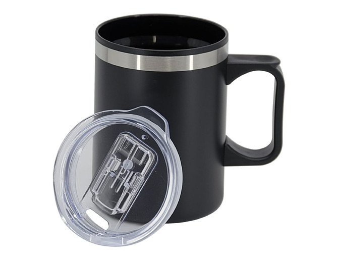 A black double wall travel mug with a silver band and a clear lid. It features a sturdy handle.