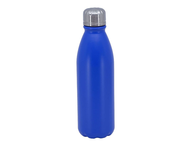 A drink bottle made of aluminium, featuring a blue matte finish and a silver screw-top lid. It has a logo on it.