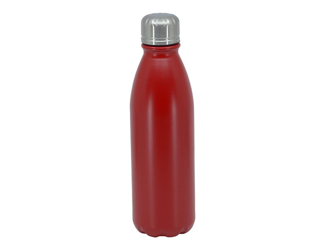 A drink bottle in vibrant red with a silver metal lid and a sleek, contoured design, featuring a logo.